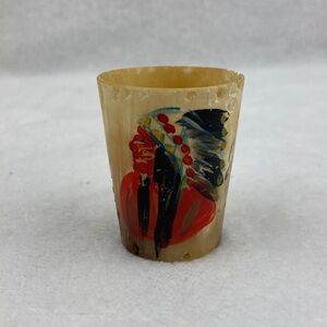 Hand-Painted Horn Shot Glass with Native Chief Motif - Natural Cream & Red 2”